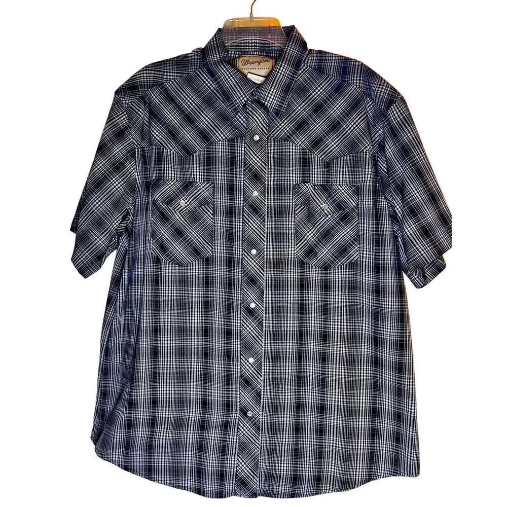WRANGLER Western Shirt Pearl Snap Short Sleeve Button Up Black Plaid Men's XL